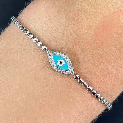 0.27CTW Real Diamond 14K Real Gold White Bead Links Evil Eye Bracelet 7"
