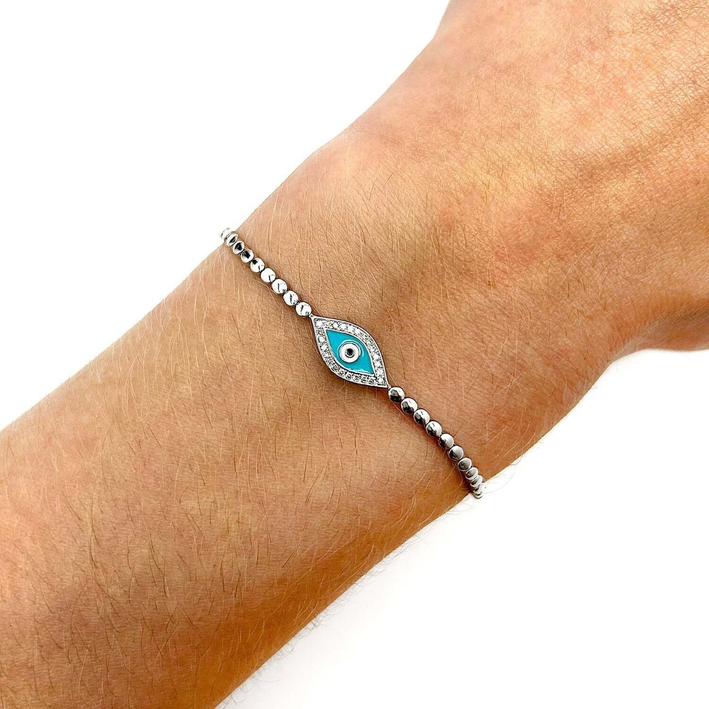 0.27CTW Real Diamond 14K Real Gold White Bead Links Evil Eye Bracelet 7"