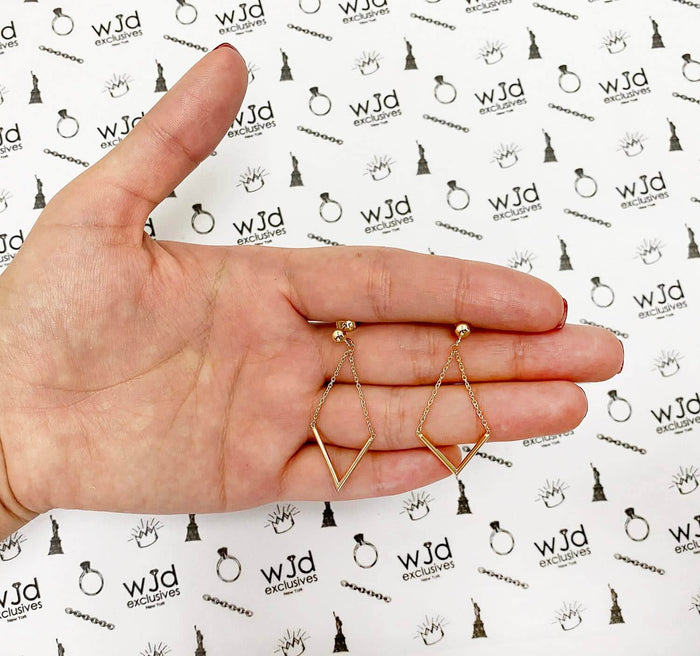 14K Yellow Gold Shiny "V" Shape Hanging On Cable Diamond Type Drop Earrings