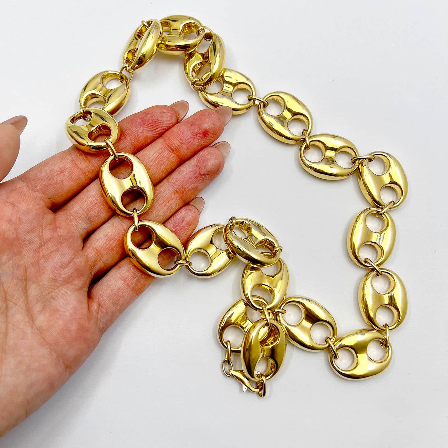 14K Yellow Gold 20mm Puffed Anchor Mariner Chain Necklace 20"-22"