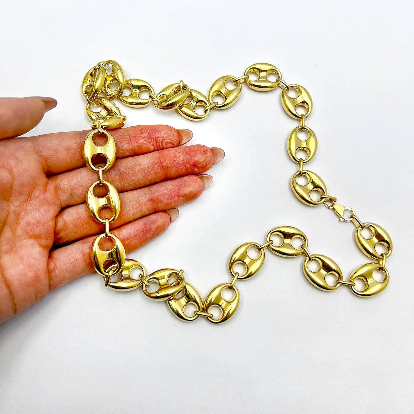 14K Yellow Gold 14mm Puffed Anchor Mariner Chain Necklace 18"-22"
