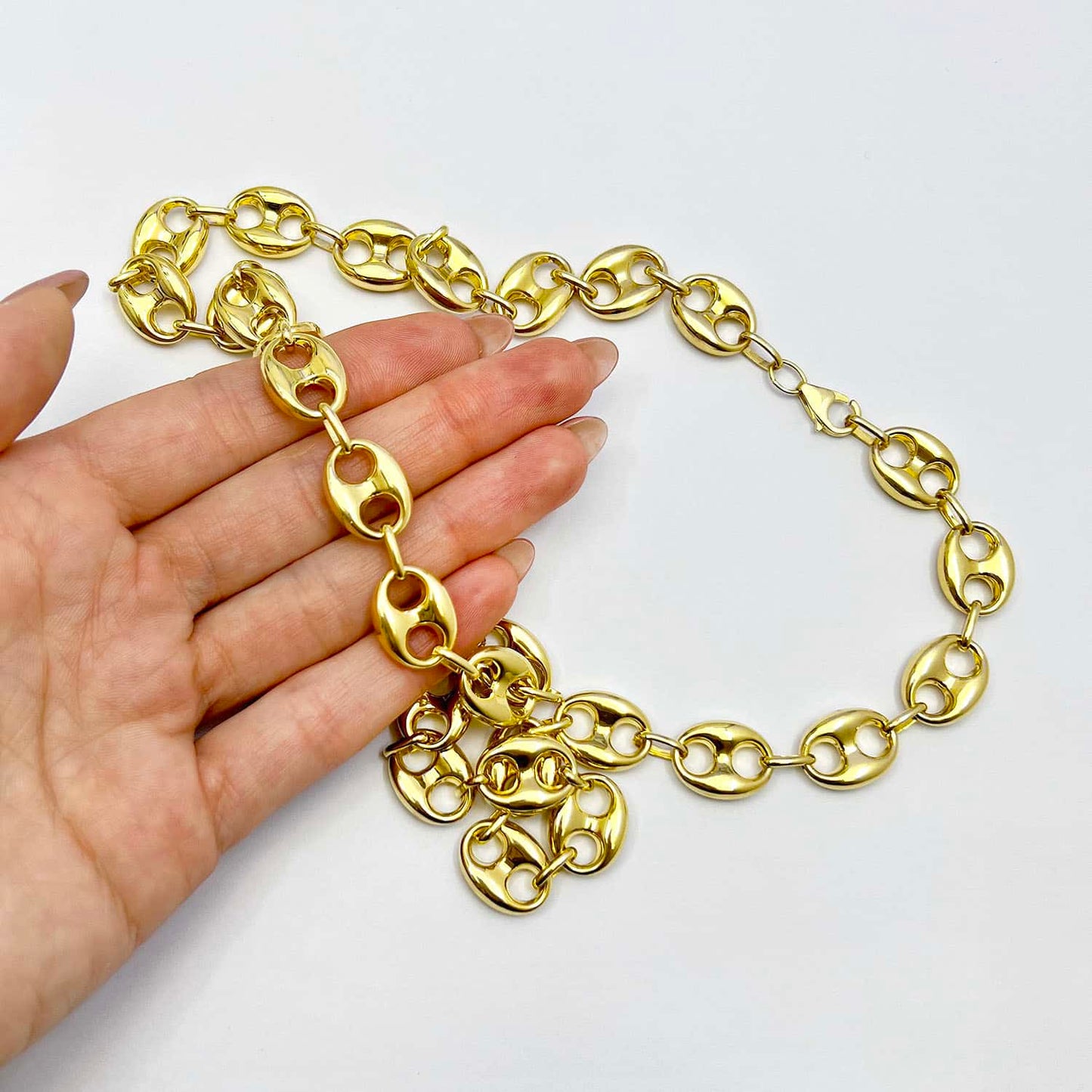 14K Yellow Gold 12mm Puffed Anchor Mariner Chain Necklace 18"-22"