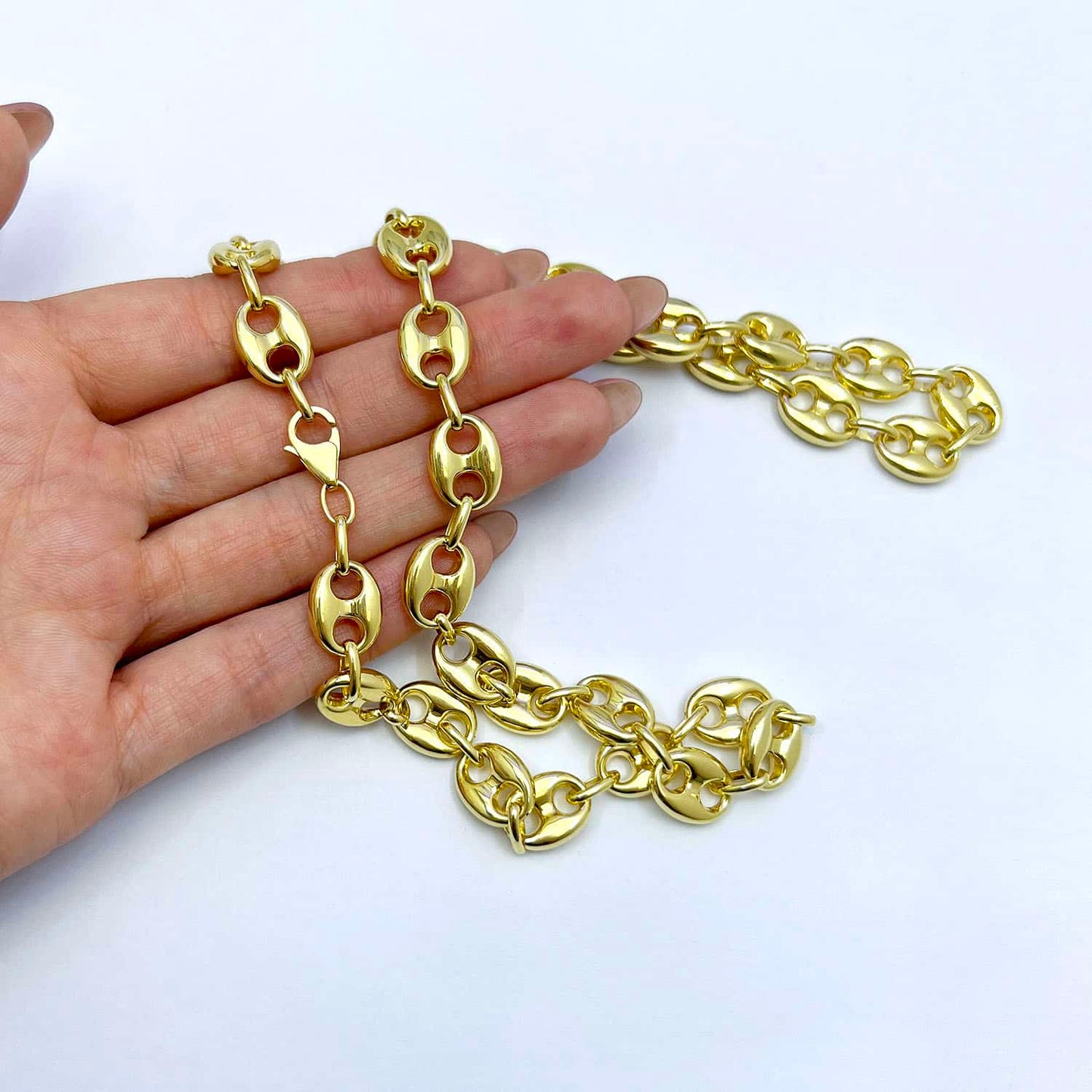 14K Yellow Gold 10mm Puffed Anchor Mariner Chain Necklace 18"-22"