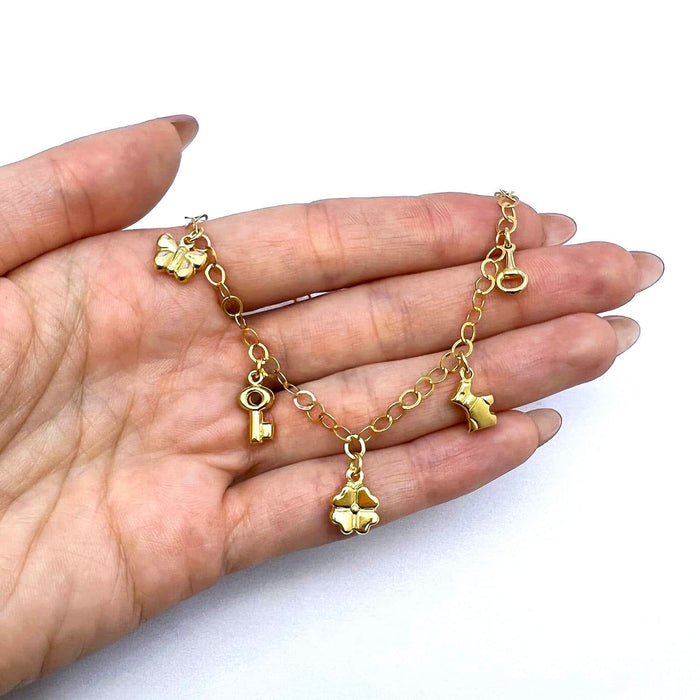 18K Yellow Gold Over Silver 3.5mm Lucky Charms Bracelet Anklet (Solid Links) 9" - 10" Adjustable - WJD Exclusives