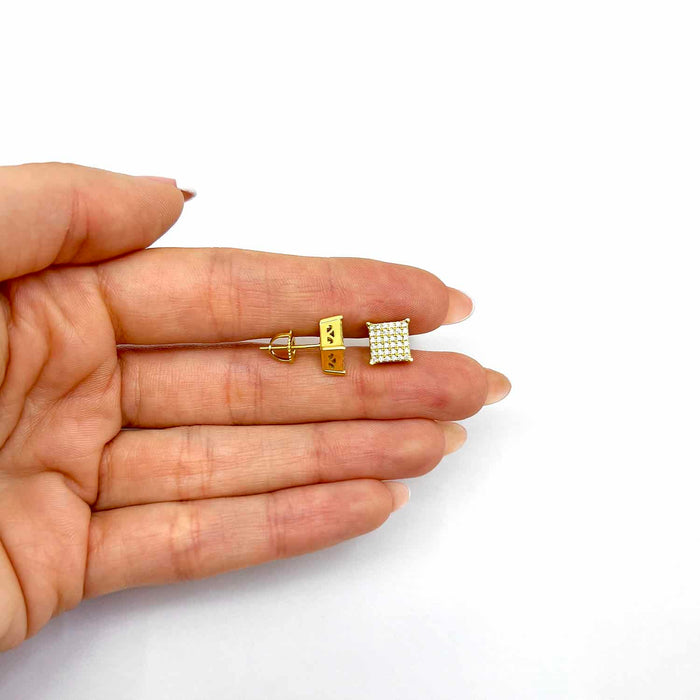 18K Gold Over Silver CZ 3D Square Stud Earrings 8mm - WJD Exclusives