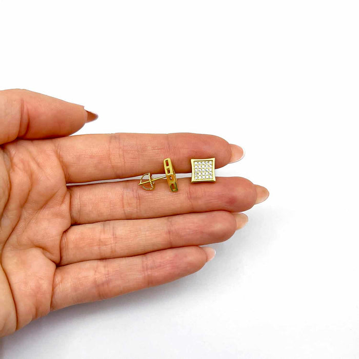 18K Gold Over Sterling Silver CZ Pave Square Stud Earrings 9mm - WJD Exclusives