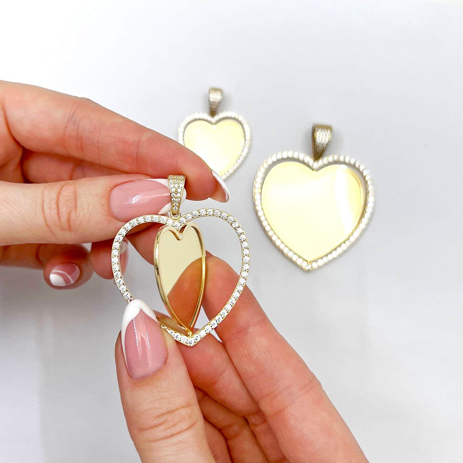 14K Yellow Gold CZ Frame Two-Sided Rotating Heart Picture Pendant