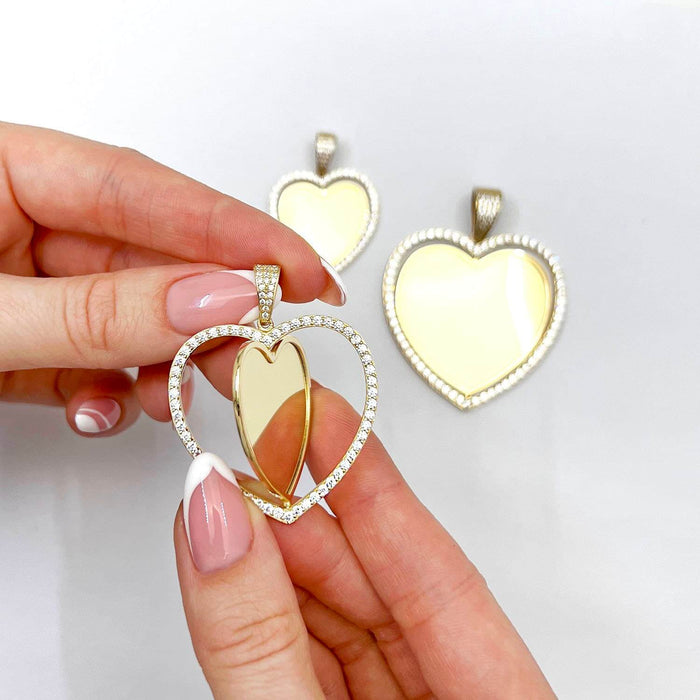 14K Yellow Gold CZ Frame Two - Sided Rotating Heart Picture Pendant - WJD Exclusives