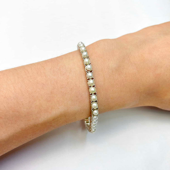 18K Gold Over Silver 4mm Cultured Pearl Tennis Bracelet 7" - WJD Exclusives