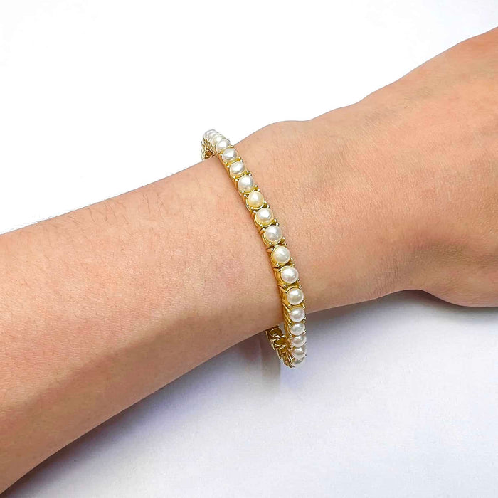18K Gold Over Silver 4mm Cultured Pearl Tennis Bracelet 7" - WJD Exclusives