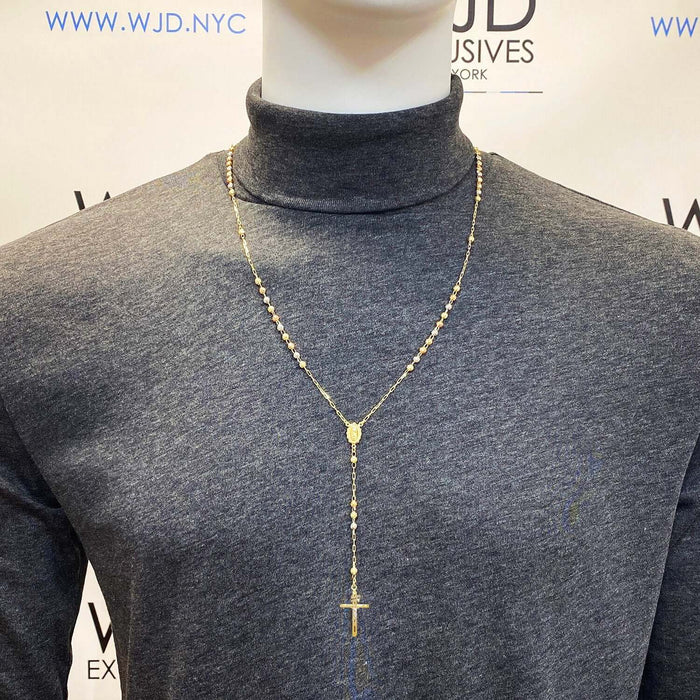 14K Tri-Color Gold 4mm Moon-Cut Ball Rosary Necklace (Solid Links) 26"