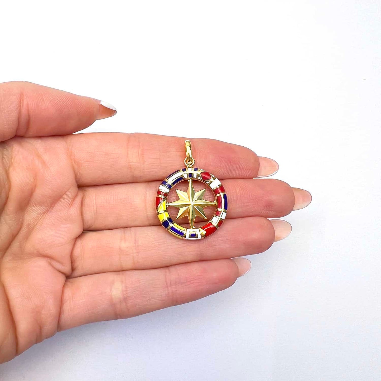 14K Yellow Gold Enamel Maritime Flags Compass Charm Pendant 1"