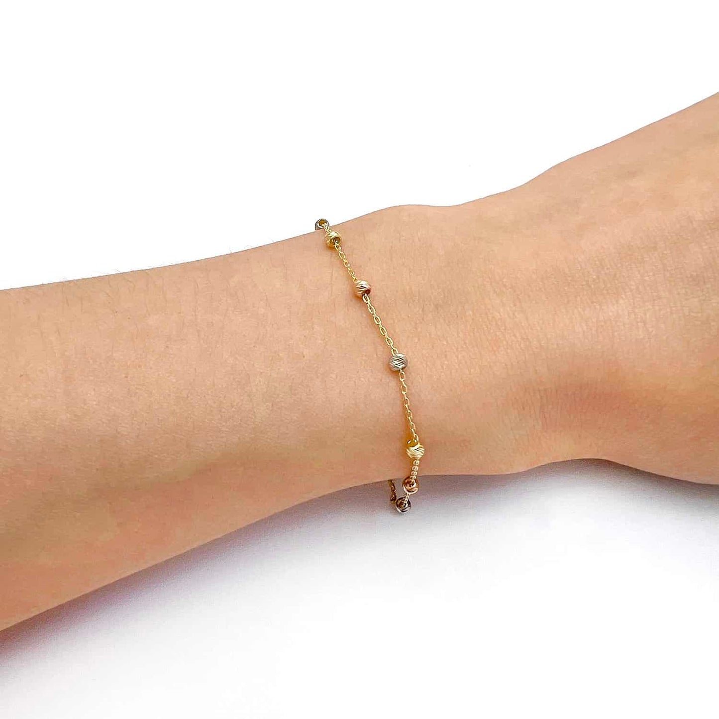 14K Gold Tri-Color Moon-Cut Ball Beads Station Bracelet 7.5"-8.5" Adjustable