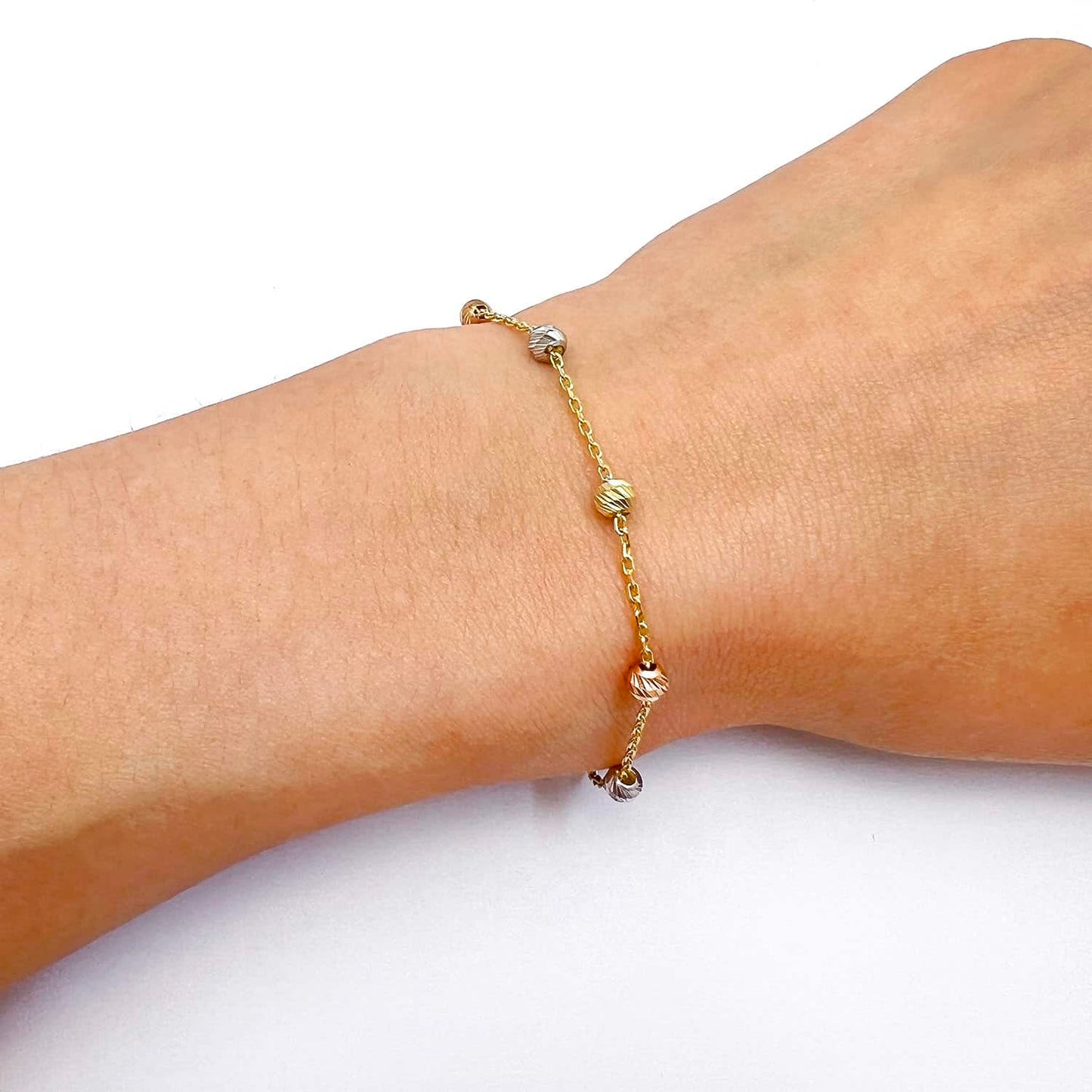 14K Gold Tri-Color Moon-Cut Ball Beads Station Bracelet 7"-8" Adjustable