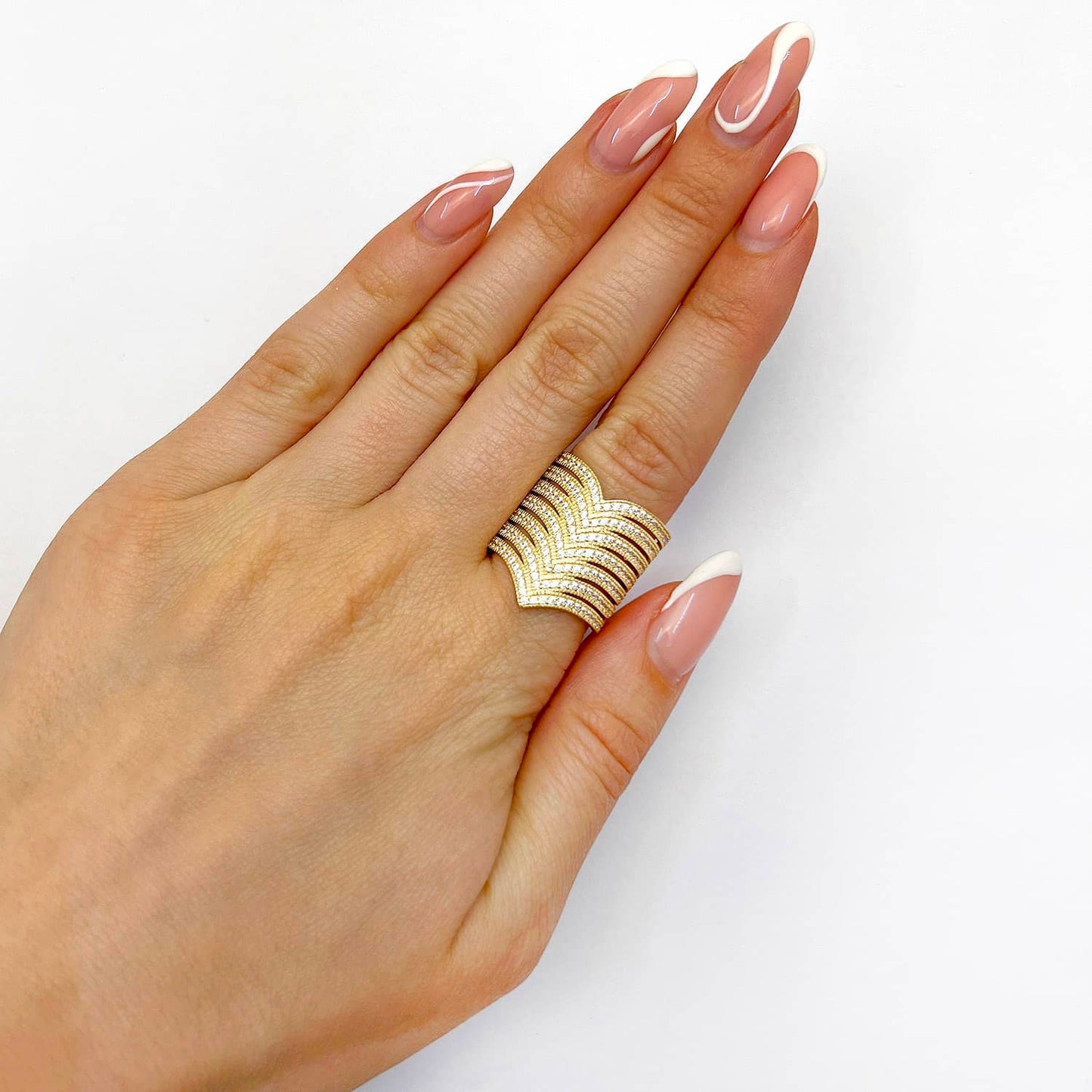 14K Gold Yellow CZ 20mm Pointed Chevron V-Shape Wide Band Ring