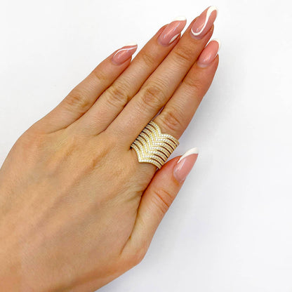 14K Gold Yellow CZ 20mm Pointed Chevron V-Shape Wide Band Ring