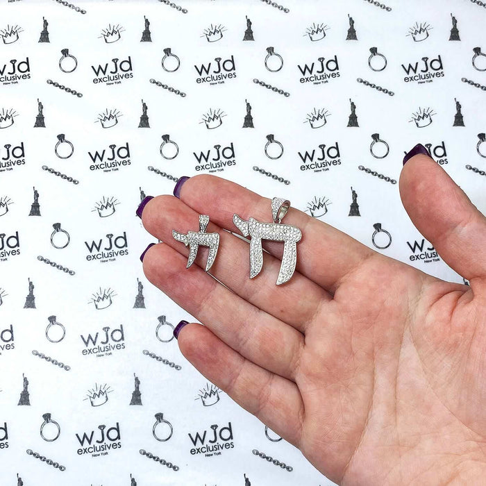 14k White Gold Over Silver CZ Pave Chai Pendant 0.80" & 1.20"