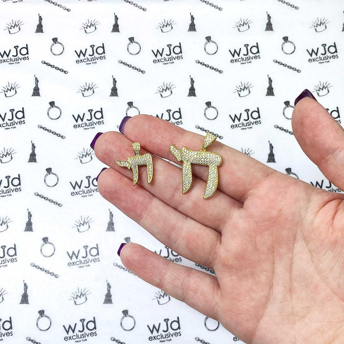 14k Yellow Gold Over Silver CZ Pave Chai Pendant 0.79", 1.18"