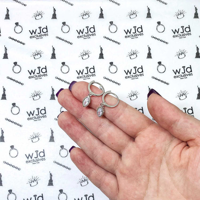 925 Sterling Silver Bezel Set Oval Marquise Zirconia Drop Huggie Hoop Earrings