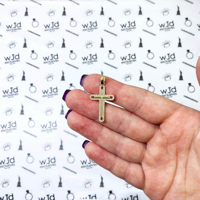 14K Yellow Gold CZ Halo Cross Pendant 1.38"