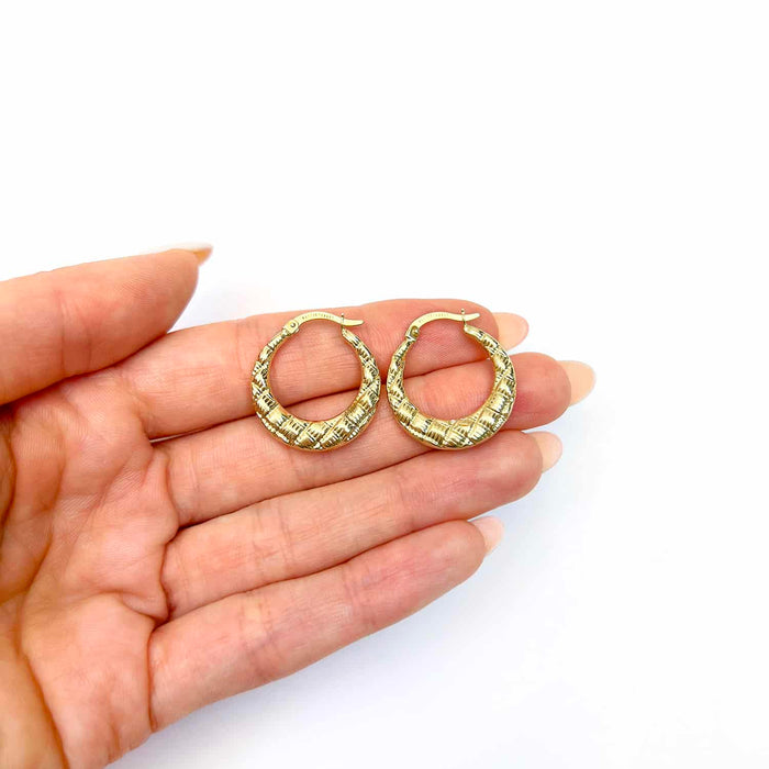 14K Yellow Gold Checkerboard Puffed Hoop Earrings 23.6mm - WJD Exclusives