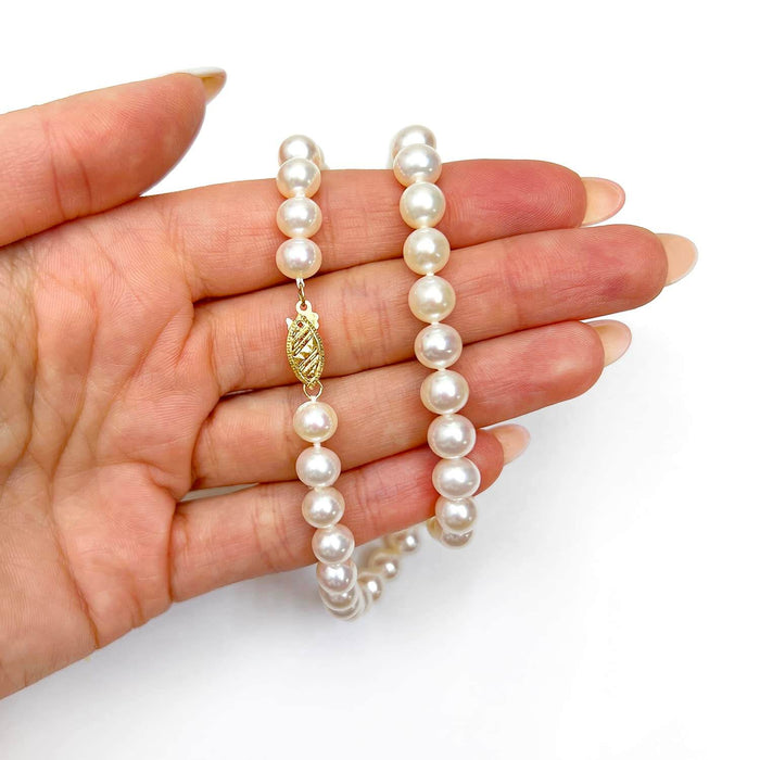 14K Gold 7.0mm White Cultured Pearl Strand Necklace (Solid Links) 16"-20"