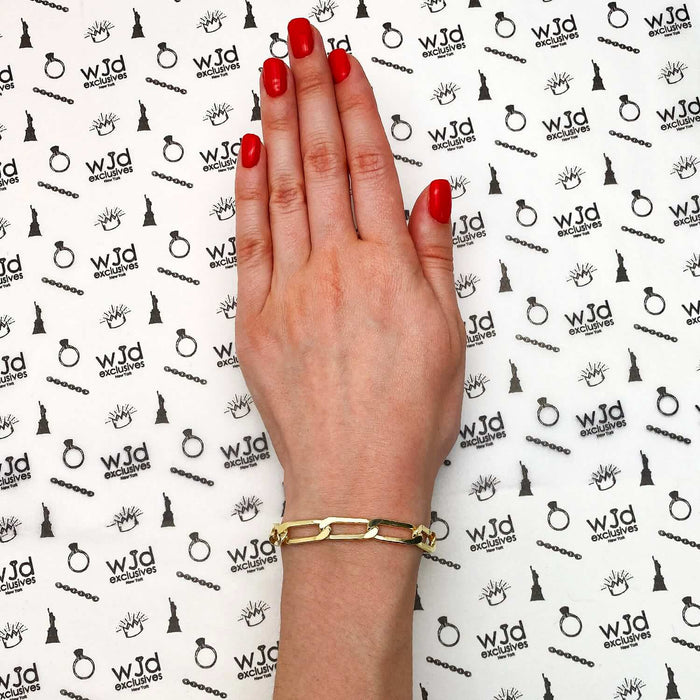 14K Yellow Gold Over Solid Silver 8mm Elongated Paperclip Bracelet (Solid Links) 7"