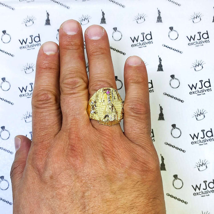 Solid 10K Gold Yellow CZ & Ruby Egyptian Pharaoh Head Ring