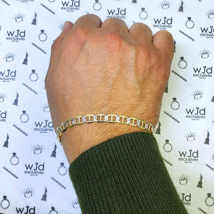 14K Yellow Gold Over Silver 6mm Diamond-Cut Anchor Mariner Bracelet (Solid Links) 7"-9"