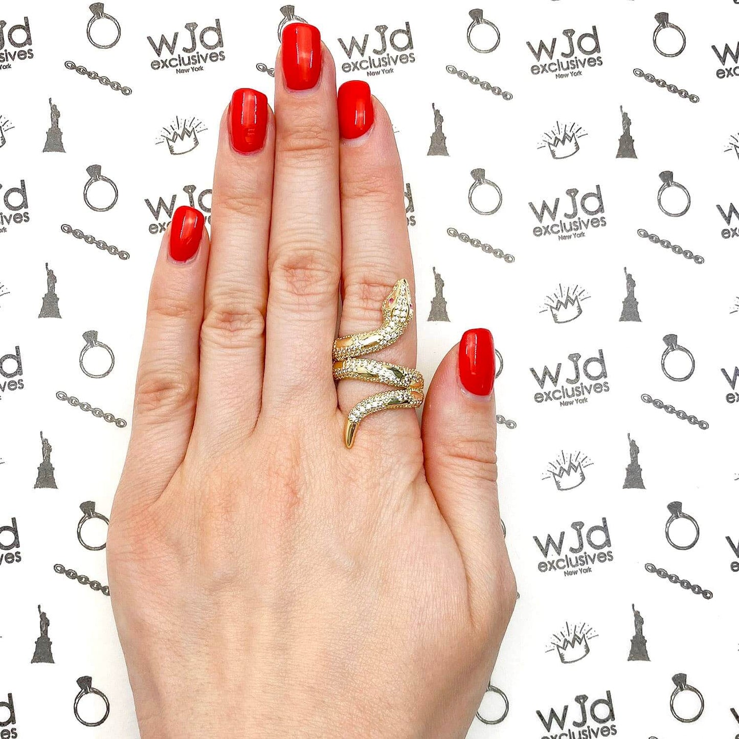 14K Real CZ Red Ruby Eyes Snake Ring
