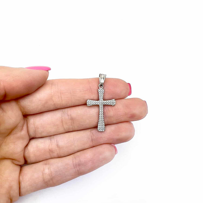 14K White Gold Diamond-Cut Religious Cross Pendant 1.3"