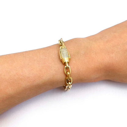 14K Gold CZ 6mm Barrel Lock Parallel Oval Cable Bracelet 7.5"