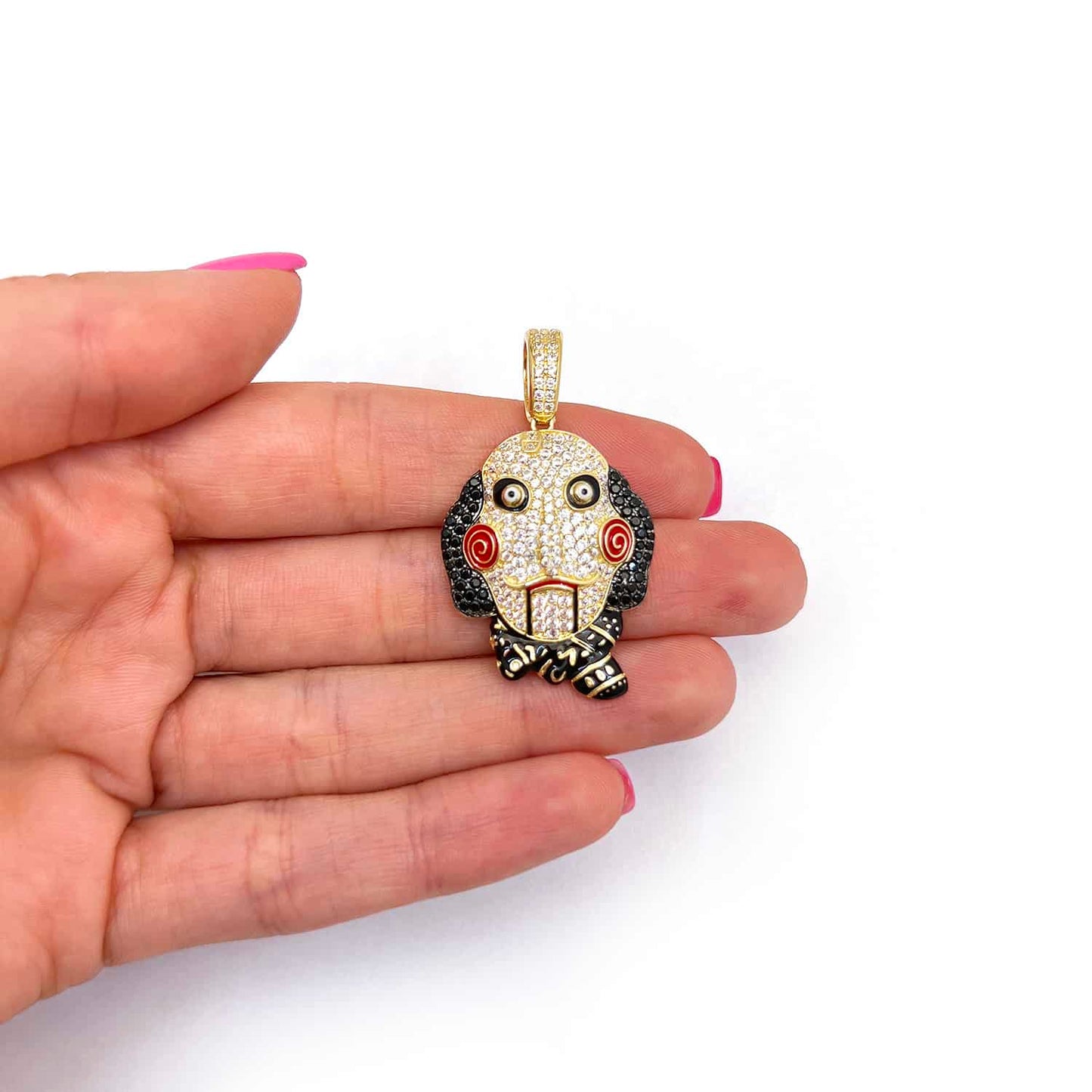 14K Yellow Gold CZ Pave SAW Jigsaw Mask Charm Pendant 1.7"