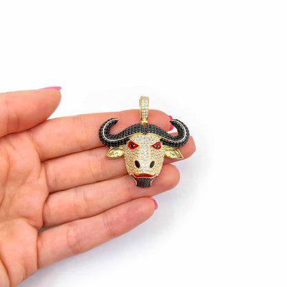 14K Yellow Gold CZ Red Eyes Bull Buffalo Pendant 1.6"