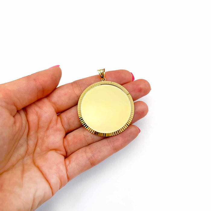 14K Gold Fluted Bezel Round Picture Memory Medallion Pendant 1.3" - 1.9" - WJD Exclusives