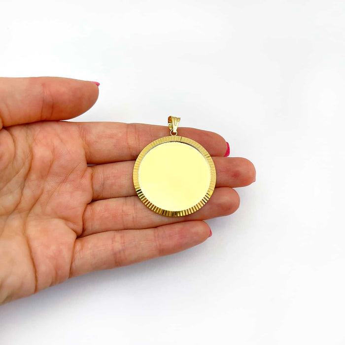 14K Gold Fluted Bezel Round Picture Memory Medallion Pendant 1.3" - 1.9" - WJD Exclusives