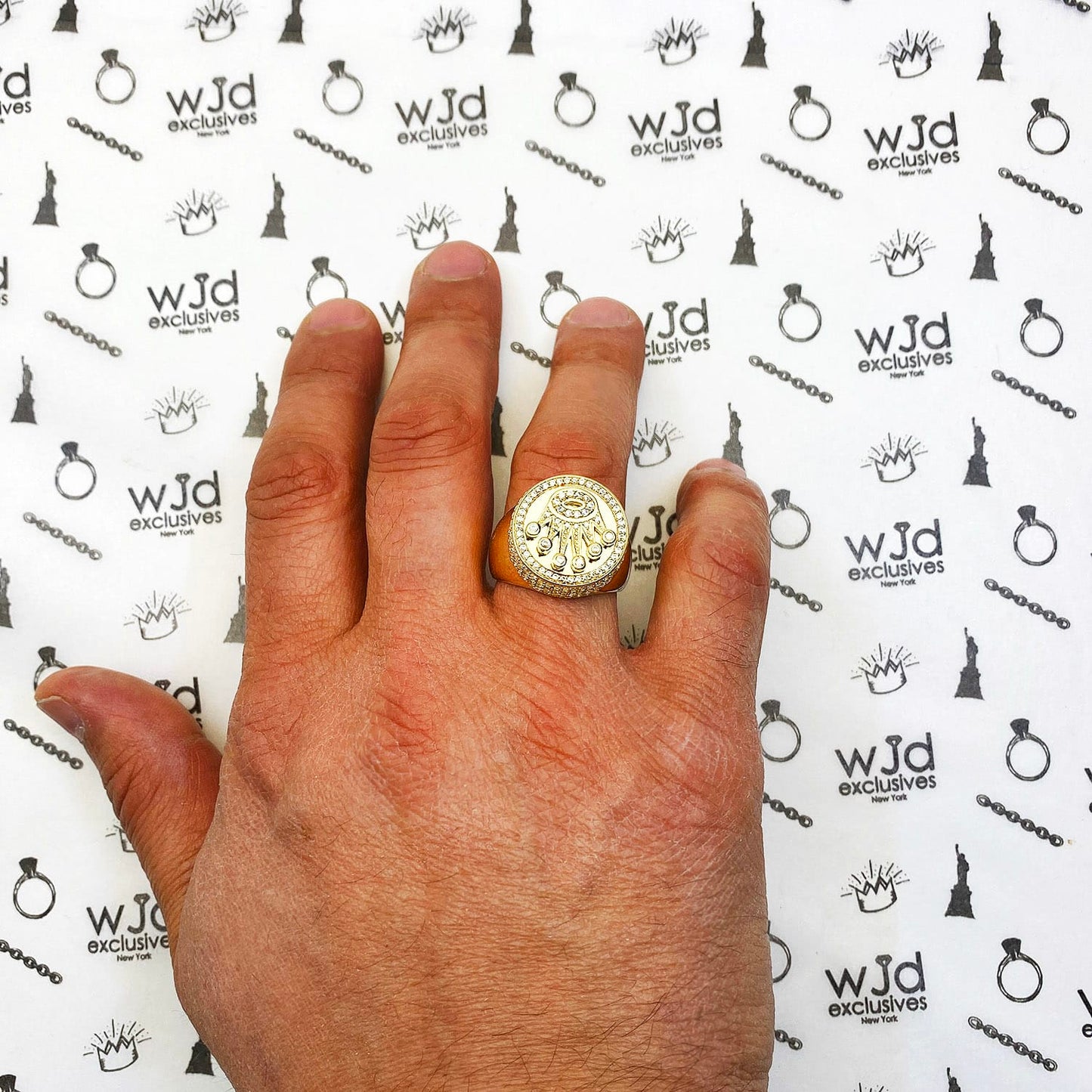14K Gold Yellow CZ Crown Signet Mens Ring