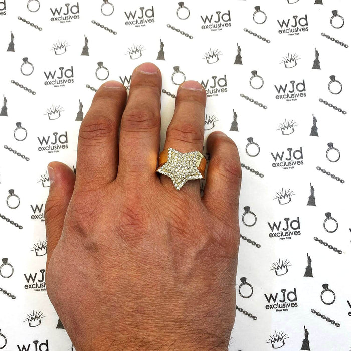 14K Yellow Gold CZ Pave Massive Five Pointed Star Signet Ring