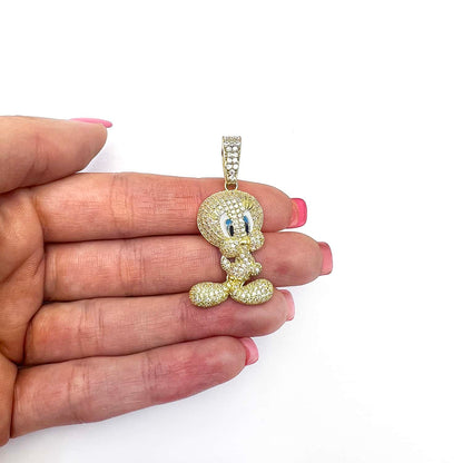 14K Yellow Gold CZ Pave Blue Eyes Tweety Bird Charm Pendant 1.5"