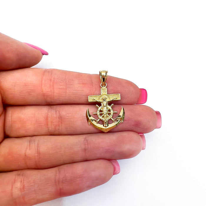 14K Yellow Gold Helm Jesus Christ Cross Anchor Pendant 1" - 1.5" - WJD Exclusives