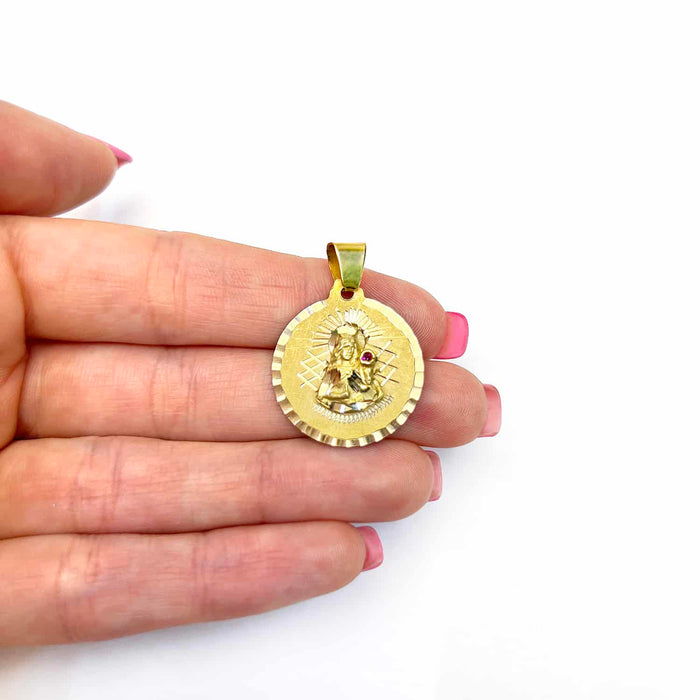 14K Yellow Gold Religious Saint Barbara Ruby Round Medallion Pendant 1" - 1.7" - WJD Exclusives