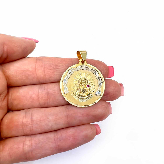 14K Yellow Gold Religious Saint Barbara Ruby Round Medallion Pendant 1" - 1.7" - WJD Exclusives