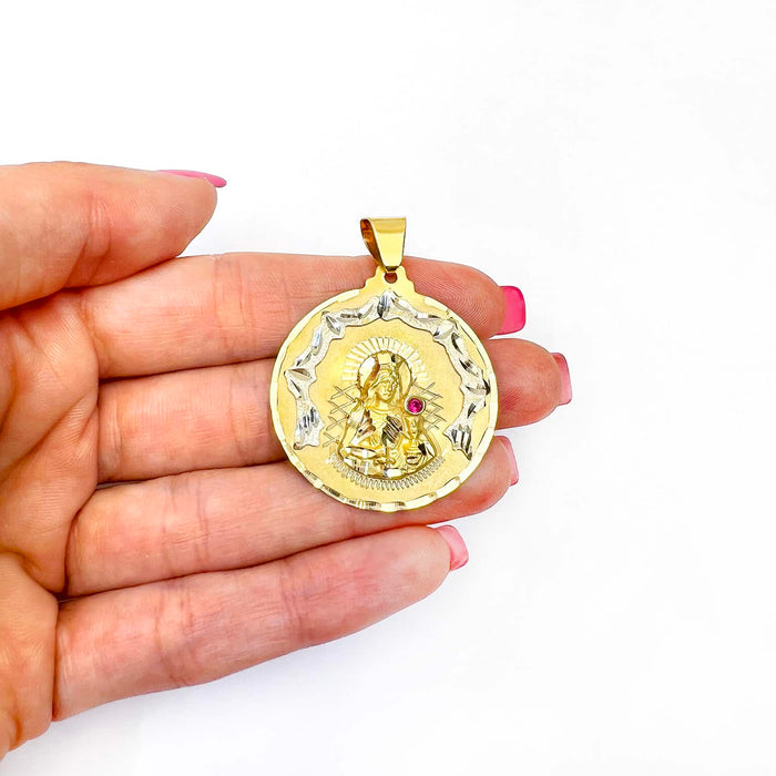 14K Yellow Gold Religious Saint Barbara Ruby Round Medallion Pendant 1" - 1.7" - WJD Exclusives