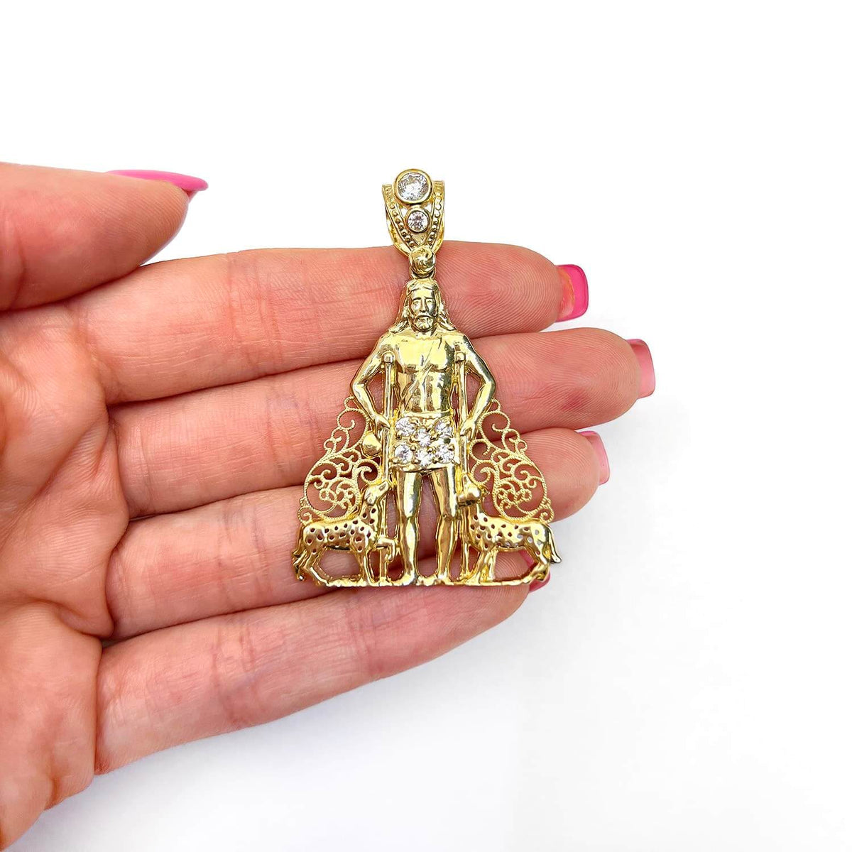 14K Gold CZ Religious Saint Lazaro Pendant 2" - 2.7" - WJD Exclusives