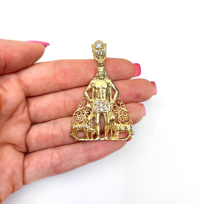 14K Real Gold CZ Religious Saint Lazaro Charm Pendant 2"-2.7"