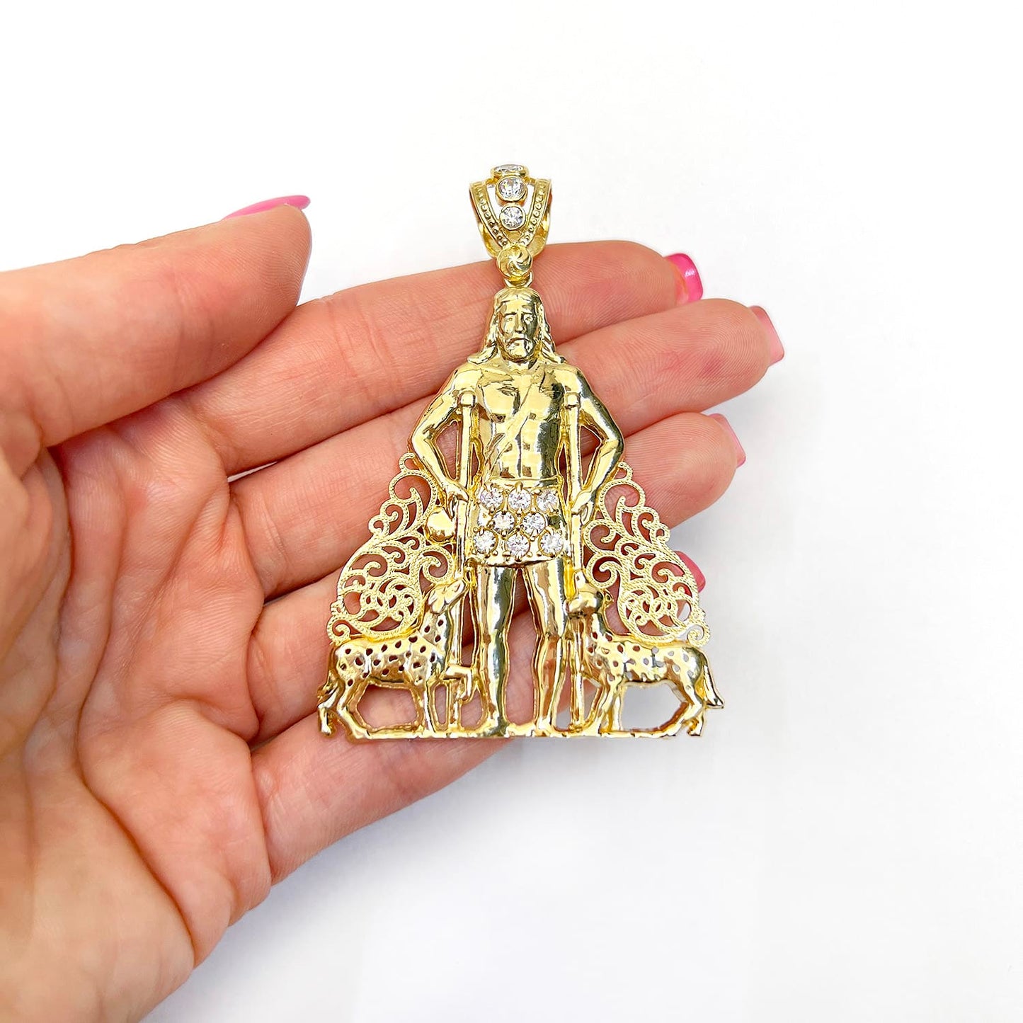 14K Real Gold CZ Religious Saint Lazaro Charm Pendant 2"-2.7"