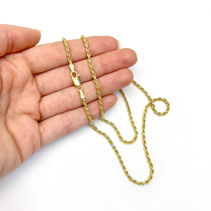 18K Yellow Gold Over Silver 2mm Rope Chain (Solid Links) 16" - 24" - WJD Exclusives