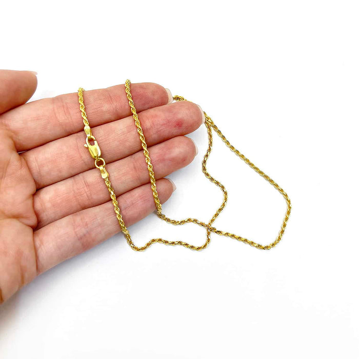 18K Yellow Gold Over Silver 1.7mm Rope Chain (Solid Links) 16" - 24" - WJD Exclusives
