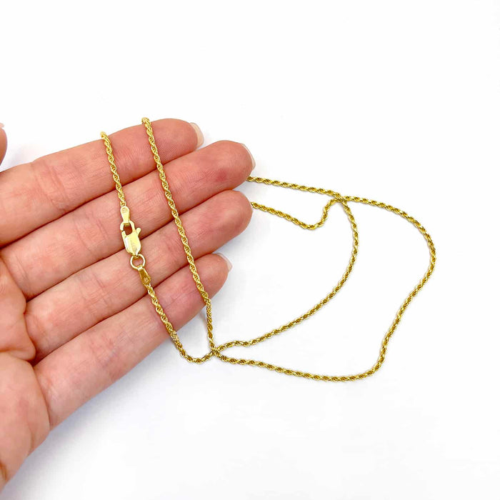 18K Yellow Gold Over Silver 1.5mm Rope Chain (Solid Links) 16" - 24" - WJD Exclusives