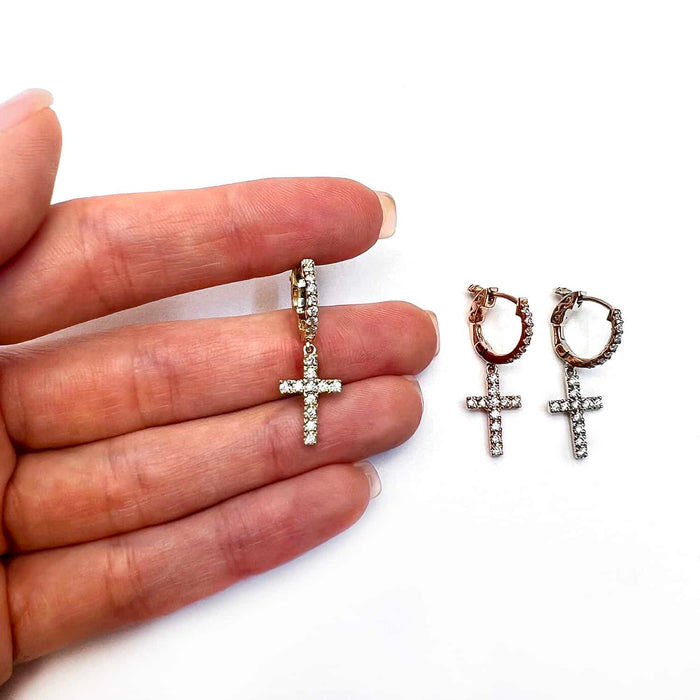 0.33CTW Natural Diamond 14K Gold Dangling Cross Hoop Single Earring 28mm - WJD Exclusives